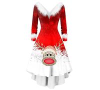 Robe Noel Femme Col V Vintage Robe de Soiree Femme Chic et Glamour Robes Mere Noel Mi Longue Robes de Noël Chic et Elegant Dress Grande Taille Hiver Chaud Dress de Soirée Cocktail Nouvel an Réveillon