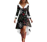Robe Noel Femme Flocon De Neige Imprimé Robe Noël Femme Renne Arbre de Noël Pull Noel Longue Chic et élégante Rouge Sapin Sexy Col V Manches Longues Mariage Cocktail Soirée Fête Cérémonie Pull Mere