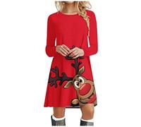 Robe Noël Femme Fluide Courte Chic Simple et Elegant Soiree Noel Robe Trapeze Ceremonie Imprimé Noël Moderne Mini Robes Tee Shirt Manche Longue de Fête