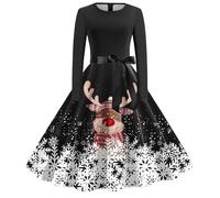 Robe Noël Femme Grande Taille Drôle Rudolph Renne Imprimé Robe Adolescente Noel Hiver Robes Pull à Col Montant Mi Longue Casual Robes Élégante en Tricot Déguisement Père Noel Adulte (D-Black, S)