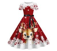 Robe Noël Femme Grande Taille Drôle Rudolph Renne Imprimé Robe Sapin Noel Robes de Soiree Col en V Manches Longues Robes Chic et Elegant Fancy Dress Christmas Déguisement Mere Noel Sexy (2-Red, XL)