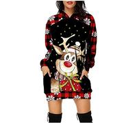 Robe Noel Femme Grande Taille Hiver Pull Moche De Noel Robe Sweat Fille avec Capuche Casual Hoodie Noël Imprimé Wapiti Décontracté Chic Automne Hiver Chaude Pullover avec Poches
