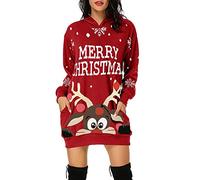 Robe Noel Femme Grande Taille Hiver Pull Moche De Noel Robe Sweat Fille avec Capuche Casual Hoodie Noël Imprimé Wapiti Décontracté Chic Automne Hiver Chaude Pullover avec Poches