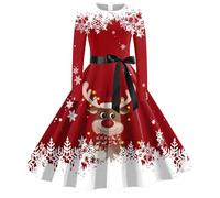 Robe Noël Femme Imprimé Cerfs et Flocons de Neige Robe Motif Noel Vintage Années 50s 60s Audrey Hepburn Robes de Soirée Cocktail Mariage Fête Costume Père Noël Grande Taille (B-Red, XL)
