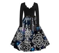 Robe Noel Femme Imprimé Flocon De Neige De Soiree Col V Manches Longues Années 50s Pin Up Vintage Midi Dress Christmas Classique Casual Grande Taille Coupe Ajustée Automne Et Hiver Xmas Déguisement