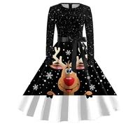 Robe Noel Femme Imprimé Motif, Robe Cocktail Femme Grande Taille Col Rond Manches Longues Noel Dress Chic Et éLéGante Swing Coupe AjustéE TrapèZe Au Genou Midi Costume pour Mariage FêTe CéRéMonie