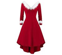 Robe Noel Femme Longue Elégante Robe Noël Femme Grande Taille Rouge Rétro Festif Robes Col V Manches Longues avec Coutures en Fourrure Robes Mere pour Mariage Cocktail Soirée Fête Cérémonie (Red, XXL)