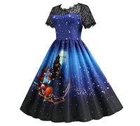Robe Noel Femme Manches Courtes, Robe Elegante Femme Dentelle Imprime Noël Col Rond Trapeze Midi Loisirs Sexy Costume De Cocktail Automne Bal Rockabilly Sport Confortable Fete Chic Bal