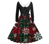 Robe Noel Femme Manches Longues, Robe Hiver Femme Col en V Trapeze Coutures en Fourrure Robes Elegante Vintage Annees 50 Robes Noël Robes Soiree Cocktail Dress Deguisement Moche Fete Christmas