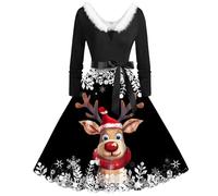 Robe Noel Femme Manches Longues, Robe Hiver Femme Col en V Trapeze Coutures Fourrure Vintage Annees 50 Costume De Pere Noël Soiree Cocktail Club Fete Elegant Confortable Loisirs Bal