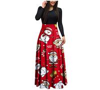 Robe Noel Femme Manches Longues, Robe Longue Femme Imprime Noël Col Rond Maxi Decontracte Sexy Costume Cocktail Automne Dress Moche Bal Rockabilly Deguisement Christmas Fete Bonhomme Neige