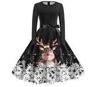 Robe Noel Femme Manches Longues, Robe Soiree Femme Imprime Noël Col Rond Trapeze Midi Decontracte Sexy Costume Cocktail Automne Dress Moche Rockabilly Deguisement Christmas Fete Bonhomme Neige