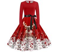 Robe Noël Femme Renne Flocon de Neige Arbre Robe Noel Vintage Années 50 Manche Longue Robes Au Genou Décontractée Robes de Fête de Cocktail Costume Père Noël Professionnel (B-Watermelon Red, M)