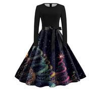 Robe Noël Femme, Robe Cocktail Femme, Robes Vintage Rockabilly Classique Elegant Swing Deguisement Mariage Cérémonie Hiver Déguisement Mere Moche Mignon Imprimer Jupe Hepburn Rétro Grande Taille