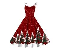 Robe Noel Femme Robe de Soirée Sexy sans Manches avec Bretelles Spaghetti Grande Taille Vintage Imprimée de Père Bonhomme de Neige Noël Robes Taille Haute Rétro Robes de Mère Noël d'hiver et d'automne