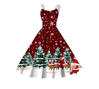 Robe Noel Femme Robe de Soirée Sexy sans Manches avec Bretelles Spaghetti Grande Taille Vintage Imprimée de Père Bonhomme de Neige Noël Robes Taille Haute Rétro Robes de Mère Noël d'hiver et d'automne