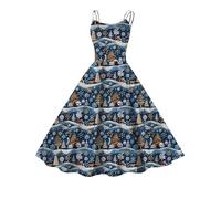 Robe Noel Femme Robe de Soirée Sexy sans Manches avec Bretelles Spaghetti Grande Taille Vintage Imprimée de Père Bonhomme de Neige Noël Robes Taille Haute Rétro Robes de Mère Noël d'hiver et d'automne