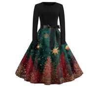 Robe Noel Femme Robe Femme Chic Et Elegant Grande Taille Jour De L'an Haut Deguisement Vintage Tenue Glamour Manche Longue Moche Sapin Fete Laine Velours Costume 2#Vert foncé S