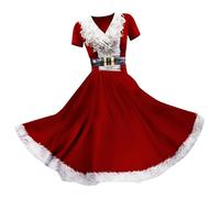 Robe Noel Femme Verte Robe Mère Noël Manche Courte Imprimer Costume De Mere Noel Déguisement Noel Adulte Tenue De Fete Femme Noel Rockabilly Pas Cher Robe Mère Noël Femme