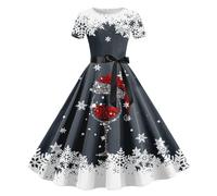 Robe Noel Femme Vintage Mi-Longue Robe Soiree Rouge Fete Réveillon Imprimées Noël 1950er Retro Rockabilly Pin Up Swing Robes Cocktail Fête Cérémonie Au Genou Midi Costume Mère Noel