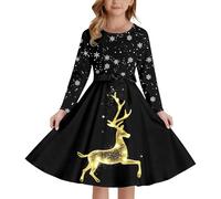 Robe Noël Fille A-Line Au Genou Midi Grandes Tailles Col Rond | Robe Cocktail Fille Manches Longues Trapèze Imprimé Cerfs Drôle Renne Rigolo Chic et Elegante Automne et Hiver Xmas Dress