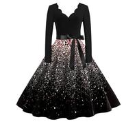 Robe NoëL Grande Taille Femme, Robe Vintage Audrey Hepburn VêTements De SoiréE Chic Col en V Imprimé Manches Longues Ourlet Mode Collection DéContractéEs Et Confortable