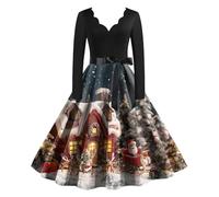 Robe Noël pour Femme Robe Élégante Taille Haute De Soirée Trapèze Nouvelle De Cocktail Imprimée Noël Déguisements Soirée Manches Longues Robes Enveloppantes pour Femmes Noire Droite (Light Gray-2, L)