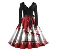 Robe Noël pour Femme Robe Élégante Taille Haute De Soirée Trapèze Nouvelle De Cocktail Imprimée Noël Déguisements Soirée Manches Longues Robes Enveloppantes pour Femmes Noire Droite (White-1, M)