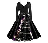 Robe Noël pour Femme Robe Élégante Taille Haute De Soirée Trapèze Nouvelle De Cocktail Imprimée Noël Déguisements Soirée Manches Longues Robes Enveloppantes pour Femmes Noire Droite Grande (XXL)