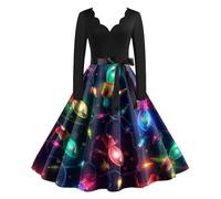Robe Noël pour Femme Robe Élégante Taille Haute De Soirée Trapèze Nouvelle De Cocktail Imprimée Noël Déguisements Soirée Manches Longues Robes Enveloppantes pour Femmes Noire Droite (Green-6, L)
