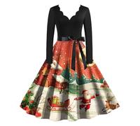 Robe Noël pour Femme Robe Élégante Taille Haute De Soirée Trapèze Nouvelle De Cocktail Imprimée Noël Déguisements Soirée Manches Longues Robes Enveloppantes pour Femmes Noire Droite (Khaki-2, XXL)