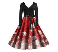 Robe Noël pour Femme Robe Élégante Taille Haute De Soirée Trapèze Nouvelle De Cocktail Imprimée Noël Déguisements Soirée Manches Longues Robes Enveloppantes pour Femmes Noire Droite (Brick Red-1, XL)