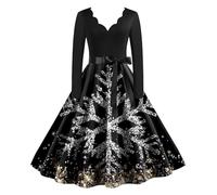 Robe Noël pour Femme Robe Élégante Taille Haute De Soirée Trapèze Nouvelle De Cocktail Imprimée Noël Déguisements Soirée Manches Longues Robes Enveloppantes pour Femmes Noire Droite Grande Taille (S)