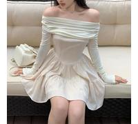 Robe noire asymétrique à manches longues avec plis, fabriquée en polyester avec une élasticité modérée, adaptée pour un usage quotidien, les vacances, les boîtes de nuit et les vacances (XL abricot)