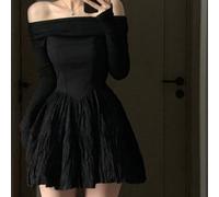 Robe noire asymétrique à manches longues avec plis, fabriquée en polyester avec une élasticité modérée, adaptée pour un usage quotidien, les vacances, les boîtes de nuit et les vacances (taille XXL