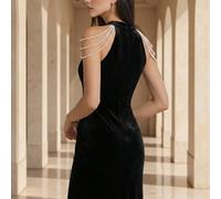 Robe noire asymétrique/asymétrique à volants avec fente haute et faux perles détachables, convenant pour les sorties du soir, les mariages et les fêtes de printemps à la maison L,M,S,XLUnicoloreÉtoffe