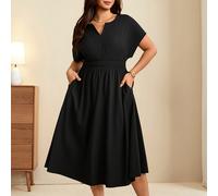 Robe noire de style intellectuel minimaliste pour femmes grande taille, design de taille élastique A-line et taille ample, convient pour les trajets de travail, les réunions d'affaires, les rendez-vou