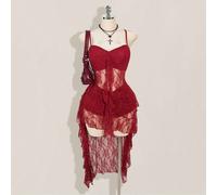 Robe nuisette à volants avec encolure en V noire, coupe courte devant et longue derrière. Robe sexy Y2K à fines bretelles et ourlet à volants, tailles grandes 0XL,1XL,2XL,3XL,4XLÉtoffe