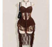 Robe nuisette à volants avec encolure en V noire, coupe courte devant et longue derrière. Robe sexy Y2K à fines bretelles et volants à l'ourlet 0XL,1XL,2XL,3XL,4XLPlantesÉtoffe