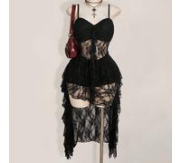 Robe nuisette à volants avec encolure en V noire, grande taille. Robe sexy Y2K à fines bretelles avec ourlet à volants, devant court et dos long 0XL,1XL,2XL,3XL,4XL,5XLÉtoffe