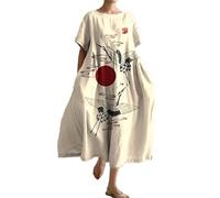 Robe nuisette d'été 2024 en coton et lin pour femme - Style vintage - Style bohème - Motif floral - Col rond - Ourlet large - Manches courtes - Confortable - Douce et décontractée, Robe Art Japonais