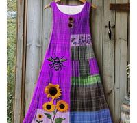 Robe nuisette mi-longue grande taille pour femmes, sans manches, col rond, patchwork, broderie de tournesol, ourlet trapèze, élégante, d'été 0XL,1XL,2XL,3XL,4XL,5XLCartoon,graphique,PlantesTissu trico