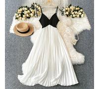 Robe-Nuisette Plissée Patchwork, Robe Longue Élégante et Romantique Grande Taille Bohème Noire et Blanche pour Femmes, pour l'Été 0XL,1XL,2XL,3XL,4XLBlocs de couleur,UnicoloreTissu tissé