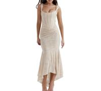 Robe Nuisette Sexy à col en U pour Femme, Robe Longue Portefeuille à Jupe sirène sans Manches, Jupe sirène froncée, Robe Maxi en Dentelle (White,S)