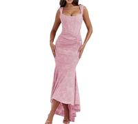 Robe Nuisette Sexy à col en U pour Femme, Robe Longue Portefeuille à Jupe sirène sans Manches, Jupe sirène froncée, Robe Maxi en Dentelle (Pink,TP)