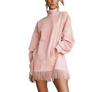 Robe olive à col roulé en daim synthétique avec ourlet à franges, col haut, robe vintage à manches longues et poche ample pour femme, rose, L