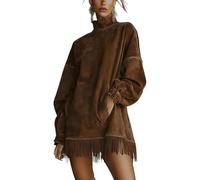 Robe olive à col roulé en daim synthétique avec ourlet à franges, col haut, robe vintage à manches longues et poche ample pour femme, café, S