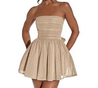 Robe pailletée pour femme - Robe dorée à paillettes - Dos nu - Avec nœud papillon - Élégante - En tulle - Sans manches - Épaules dénudées - Coupe ajustée - Robe de bal - Ourlet trapèze - Robe de