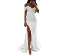Robe Paillette Femme Fendu- Robe Cocktail Épaules Dénudées Col en V Sexy Slim Chic Et Élégante Longue Tendance Classiques Moulant De Bal Tempérament Nouvelle pour Party Banquet Dress