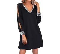 Robe Paillette Femme Sexy Col V Robe Robe Strass et Paillettes Femmes Courte Tunique Élégant Plage Soirée Fête Cocktail Mini Shirt Robe Femmes Manche Longue-Robe de Soirée Grandes Tailles Chic Robes